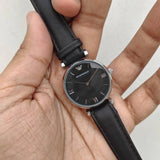 Emporio Armani Gianni T-Bar Black Dial Black Leather Strap Watch for Women - AR1678