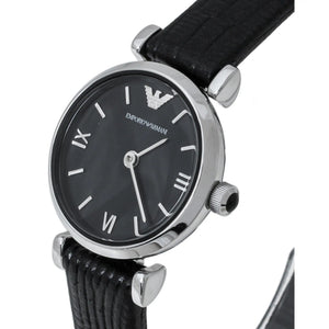Emporio Armani Gianni T-Bar Black Dial Black Leather Strap Watch for Women - AR1678