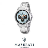 Maserati Successo Chronograph Ice Blue Dial Silver Steel Strap Watch for Men - R8873621044