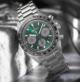 Seiko Prospex Speedtimer Solar Chronograph Green Dial Silver Steel Strap Watch for Men - SSC933