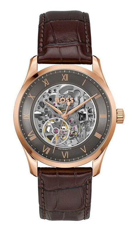 Hugo Boss Principle Skeleton Grey Dial Brown Leather Strap Watch for Men - 1514253