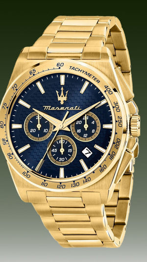 Maserati Velocità Chronograph Blue Dial Gold Steel Strap Watch for Men - R8873652002