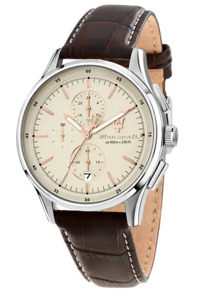 Maserati Sorpasso Chronograph White Dial Brown Leather Strap Watch for Men - R8871624010