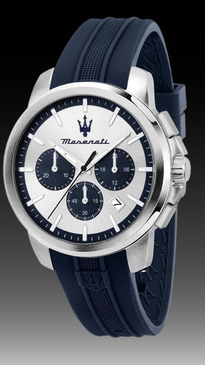 Maserati Successo Chronograph Silver Dial Blue Silicone Strap Watch for Men - R8871621042