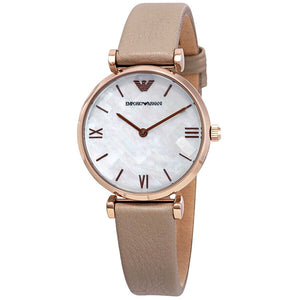 Emporio Armani Gianni T-Bar Silver Dial Beige Leather Strap Watch for Women - AR11111