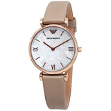 Emporio Armani Gianni T-Bar Silver Dial Beige Leather Strap Watch for Women - AR11111