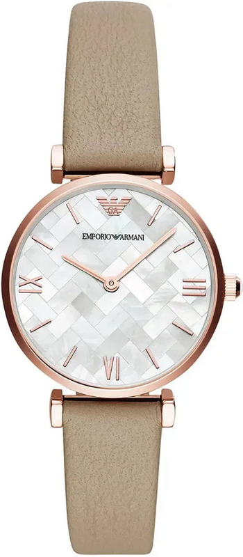 Emporio Armani Gianni T-Bar Silver Dial Beige Leather Strap Watch for Women - AR11111