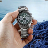 Seiko Prospex Speedtimer Solar Chronograph Green Dial Silver Steel Strap Watch for Men - SSC933