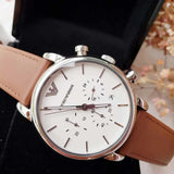 Emporio Armani Luigi Chronograph Silver Dial Brown Leather Strap Watch for Men - AR1846