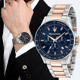 Maserati SFIDA Chronograph Blue Dial Two Tone Steel Strap Watch for Men - R8873640022