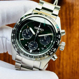 Seiko Prospex Speedtimer Solar Chronograph Green Dial Silver Steel Strap Watch for Men - SSC933
