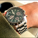 Seiko Prospex Speedtimer Solar Chronograph Green Dial Silver Steel Strap Watch for Men - SSC933