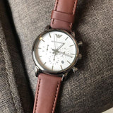 Emporio Armani Luigi Chronograph Silver Dial Brown Leather Strap Watch for Men - AR1846