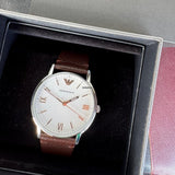 Emporio Armani Kappa Silver Dial Brown Leather Strap Watch for Men - AR11173