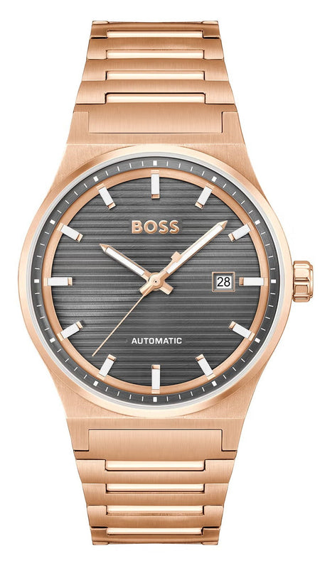 Hugo Boss Candor Automatic Grey Dial Rose Gold Steel Strap Watch for Men - 1514185