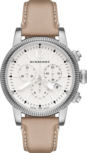Burberry Utilitarian Chronograph White Dial Pink Leather Strap Watch for Women - BU7816
