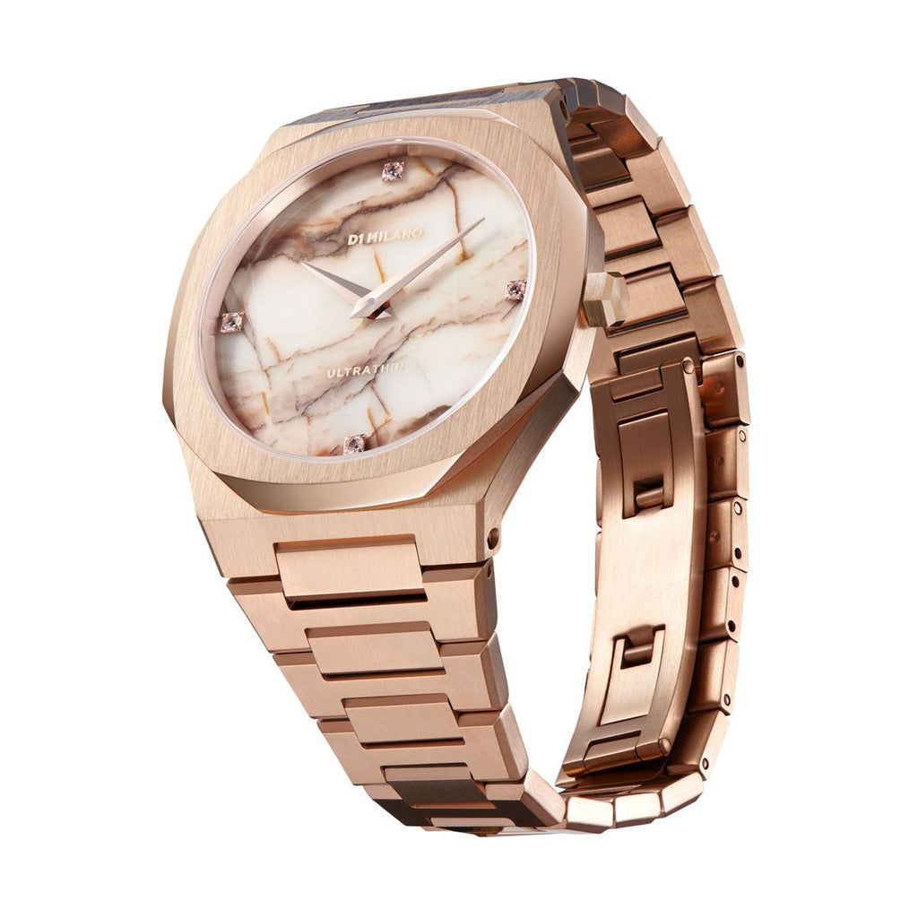 D1 Milano Ultra Thin Marble Dial Rose Gold Steel Strap Watch for Women - D1-UTBL14