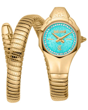 Just Cavalli Fiore Turquoise Dial Gold Steel Strap Watch for Women - JC1L354M0035