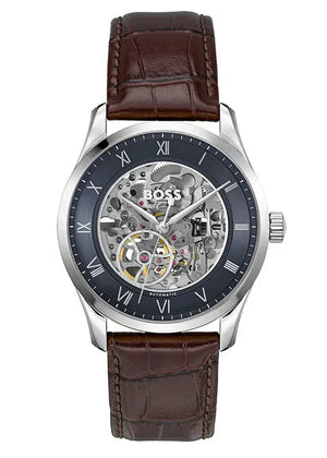 Hugo Boss Principle Skeleton Blue Dial Brown Leather Strap Watch for Men - 1514305