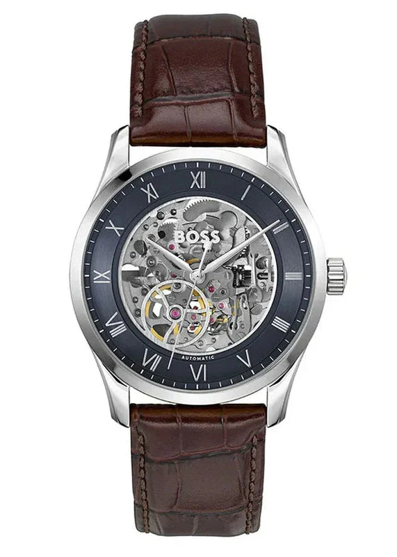 Hugo Boss Principle Skeleton Blue Dial Brown Leather Strap Watch for Men - 1514305