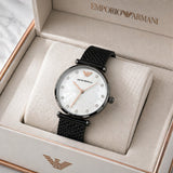 Emporio Armani Gianni T-Bar White Dial Black Leather Strap Watch for Women - AR11270