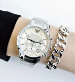 Emporio Armani Renato Chronograph White Dial Silver Steel Strap Watch for Women  - AR2459