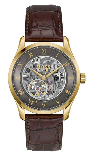Hugo Boss Principle Skeleton Grey Dial Brown Leather Strap Watch for Men - 1514235