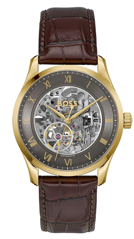 Hugo Boss Principle Skeleton Grey Dial Brown Leather Strap Watch for Men - 1514235