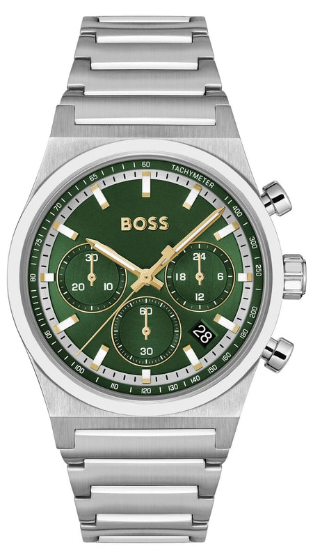 Hugo Boss Candor Chronograph Green Dial Silver Steel Strap Watch for Men - 1514220