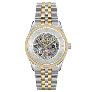 Hugo Boss Principle Skeleton Silver Dial Two Tone Steel Strap Watch for Men - 1514237