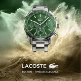 Lacoste Boston Chronograph Green Dial Silver Steel Strap Watch for Men - 2011080