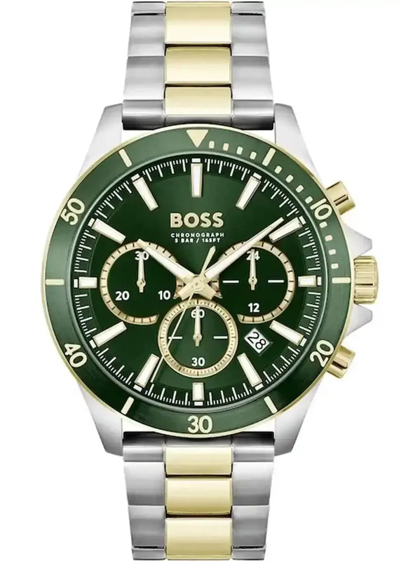 Hugo Boss Troper Chronograph Green Dial Two Tone Steel Strap Watch for Men - 1514154