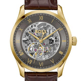 Hugo Boss Principle Skeleton Grey Dial Brown Leather Strap Watch for Men - 1514235