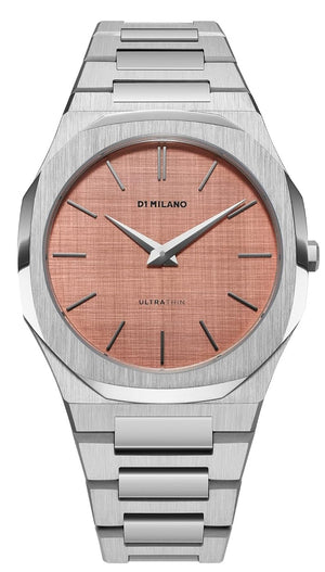 D1 Milano Ultra Thin Salmon Pink Dial Silver Steel Strap Watch for Men - D1-UTBJ26