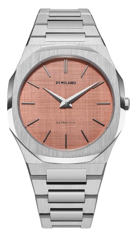 D1 Milano Ultra Thin Salmon Pink Dial Silver Steel Strap Watch for Men - D1-UTBJ26