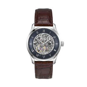 Hugo Boss Principle Skeleton Blue Dial Brown Leather Strap Watch for Men - 1514305