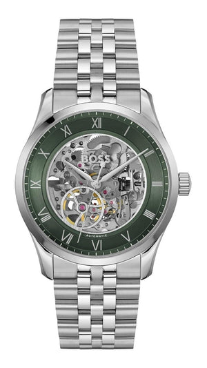 Hugo Boss Principle Skeleton Green Dial Silver Steel Strap Watch for Men - 1514236