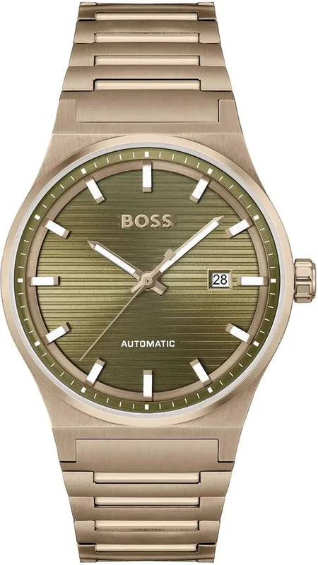 Hugo Boss Candor Automatic Olive Green Dial Brown Steel Strap Watch for Men - 1514184