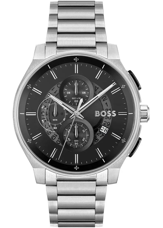 Hugo Boss Peak Chronograph Black Dial Silver Steel Strap Watch for Men - 1514191