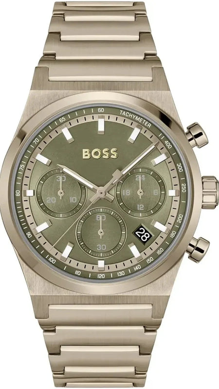 Hugo Boss Candor Chronograph Green Dial Brown Steel Strap Watch for Men - 1514222