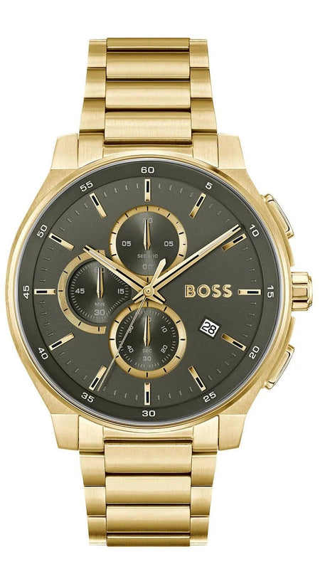 Hugo Boss Peak Chronograph Olive Green Dial Gold Steel Strap Watch for Men - 1514190