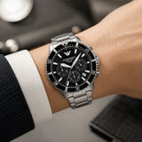 Emporio Armani World Explorer Black Dial Silver Steel Strap Watch for Men - AR11739