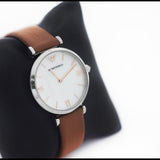 Emporio Armani Gianni T-Bar White Dial Brown Leather Strap Watch for Women - AR1988