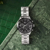 Lacoste Boston Chronograph Black Dial Silver Steel Strap Watch for Men - 2011079