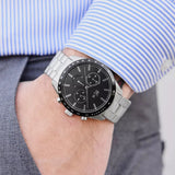 Lacoste Boston Chronograph Black Dial Silver Steel Strap Watch for Men - 2011079