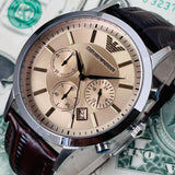 Emporio Armani Classic Chronograph Beige Dial Brown Leather Strap Watch For Men - AR2433