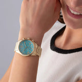 Michael Kors Lexington Chronograph Blue Dial Gold Steel Strap Watch For Women - MK7216