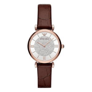 Emporio Armani Gianni T-Bar Silver Dial Brown Leather Strap Watch For Women - AR11269