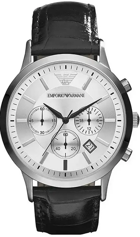 Emporio Armani Renato Chronograph Silver Dial Black Leather Strap Watch for Men - AR2436
