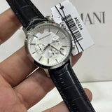 Emporio Armani Renato Chronograph Silver Dial Black Leather Strap Watch for Men - AR2436